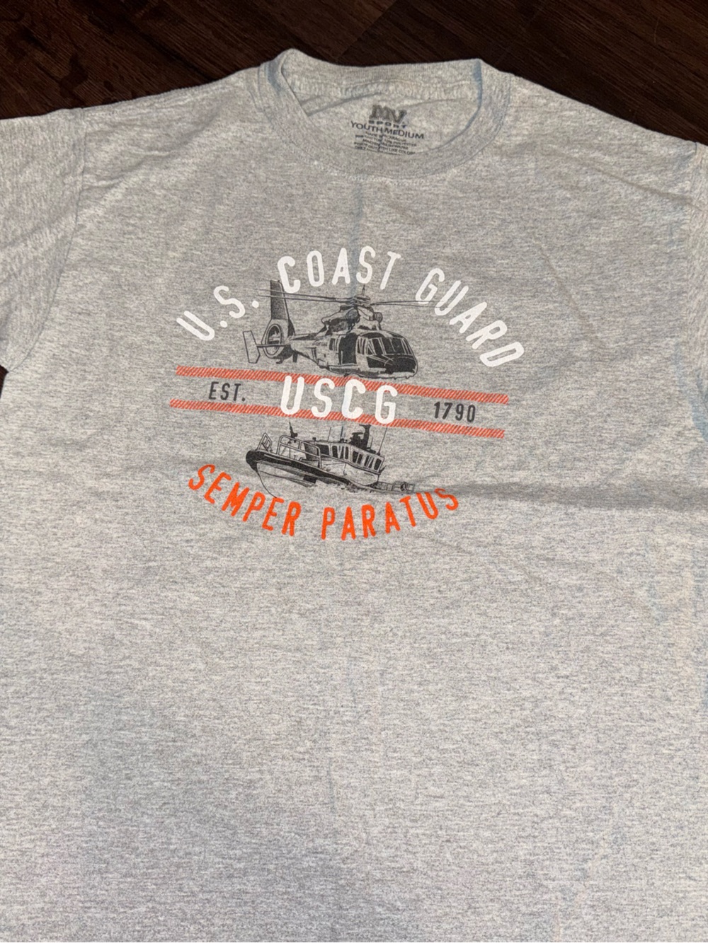 MV Sport Youth Medium U.S. Coast Guard USCG Semper Paratus Gray Graphic T-Shirt